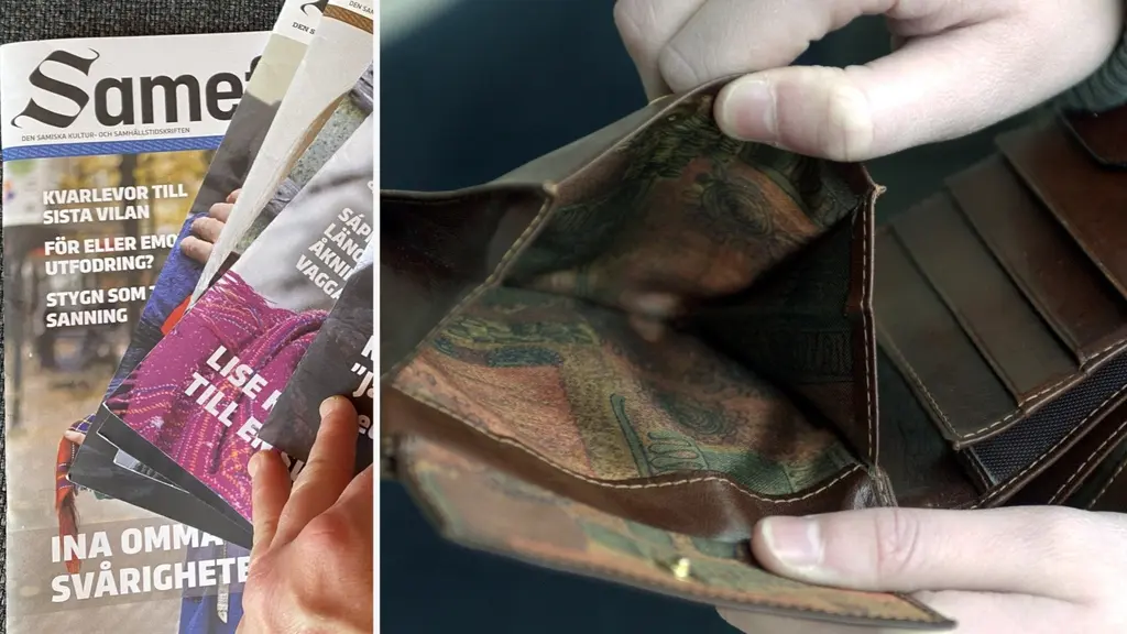 En bild som visar en tidning med rubriker om ekonomiska svårigheter och en tom plånbok som hålls av händer. Bilden symboliserar finansiella utmaningar och brist på pengar.