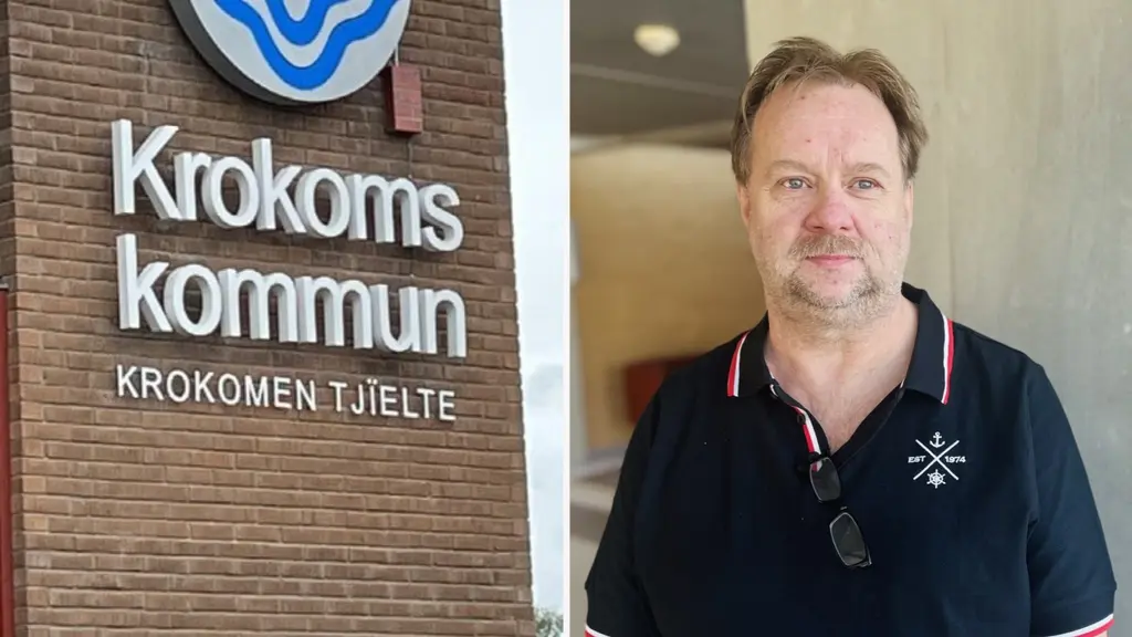 En bild med två delar. Till vänster syns en skylt med texten 'Krokoms kommun, Krokomen tjielte' på en tegelvägg. Till höger en person i mörk tröja med ett emblem, stående inomhus.