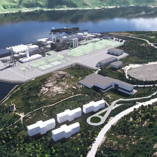 Illustration av Barents Blue-projektet vid Repparfjord. Bilden visar en industriell anläggning nära vattnet, omgiven av grönska och byggnader med en väg som leder till området.