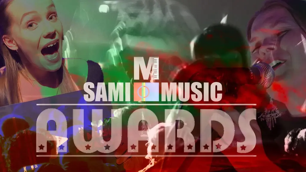 Bild som visar texten 'Sami Music Awards' i framträdande stil med livliga färger och en bakgrund av konsertpublik och artister som uppträder. Fokus ligger på musikevenemangets energi och feststämning.Sami Music Awards