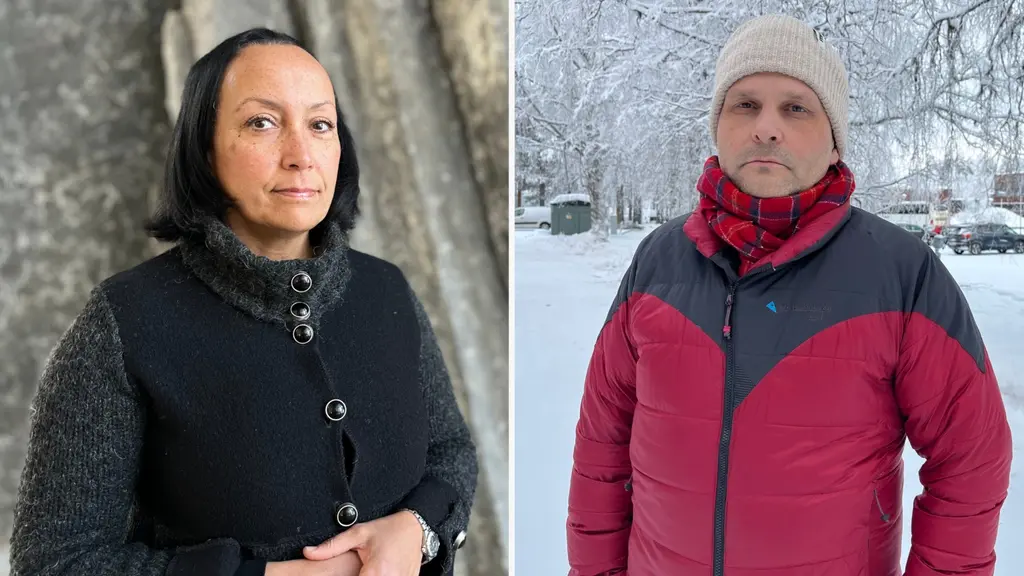 Delad bild som visar en kvinna klädd i en mörk kofta till vänster och en man i röd vinterjacka framför ett snölandskap till höger.