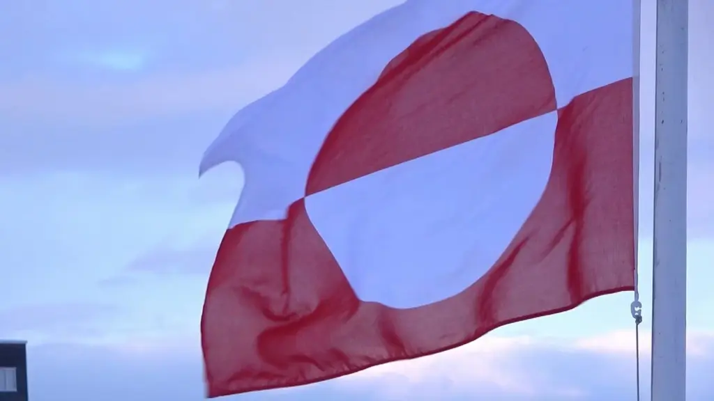 Grönlands flagga vajar i vinden mot en ljusblå himmel. Flaggan har en röd och vit design med en cirkel som symboliserar solen och isen.