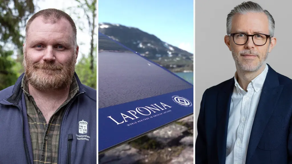 Bildmontage med tre sektioner. Till vänster ses en person i naturmiljö, i mitten en broschyr med texten 'Laponia' och fjäll i bakgrunden, till höger en person i formell klädsel mot en neutral bakgrund.