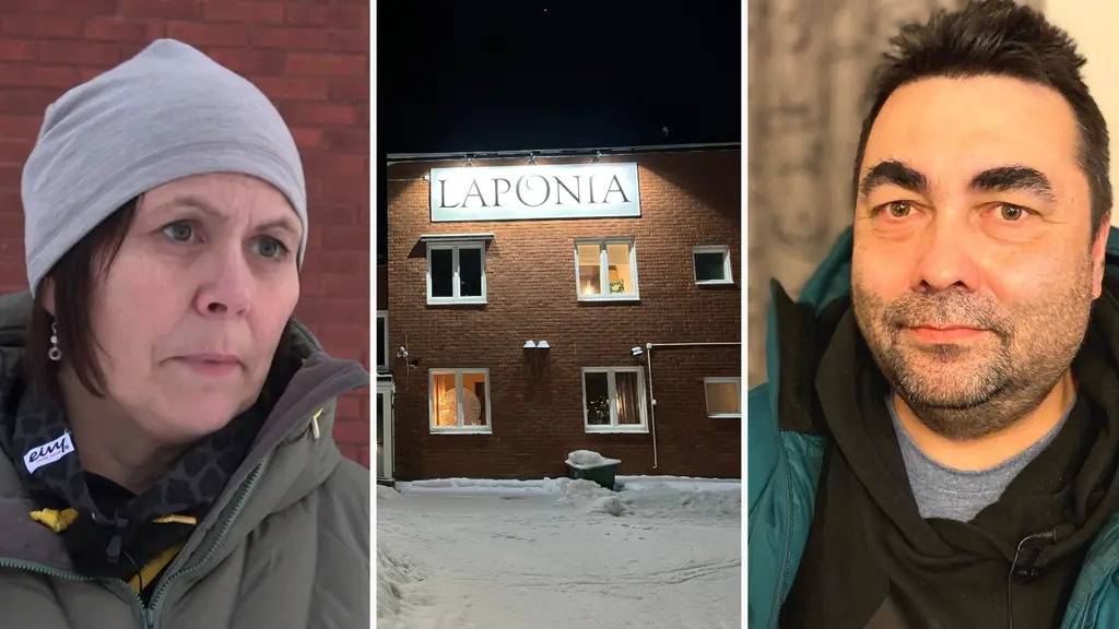 Bildmontage med två personer och en byggnad. Till vänster syns en person med mössa och vinterkläder utomhus. I mitten en byggnad med texten 'Laponia' på fasaden, omgiven av snö. Till höger en person i jacka.