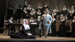 Sopranen Lisette Oropesa som Elvira och tenoren Lawrence Brownlee som hennes älskade Arturo på Metropolitan-operan.  