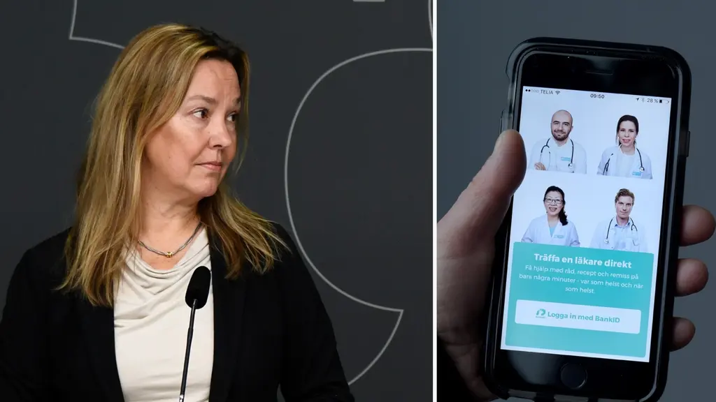 Delad bild: Regeringens särskilda utredare Anna Nergårdh, till vänster och en mobiltelefon med nätläkare på skärmen, till höger.