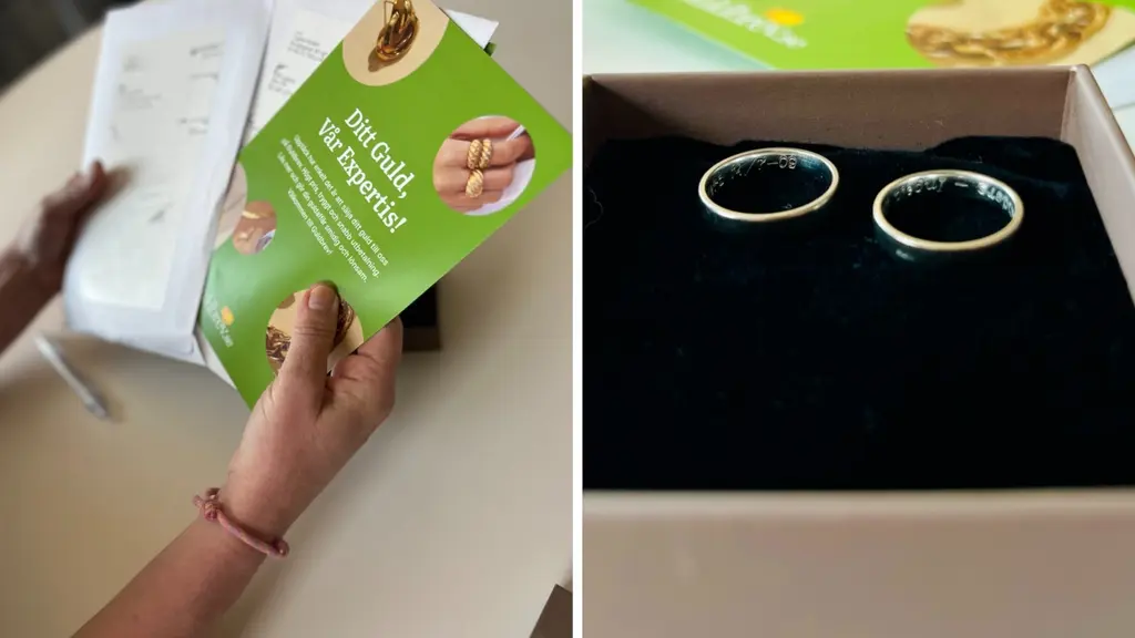 Hand håller upp grön Trisslott framför ett kuvert, intill en öppen ask med två guldringar. Bild om P4:s guldetävling och vinst med ringar och lott.