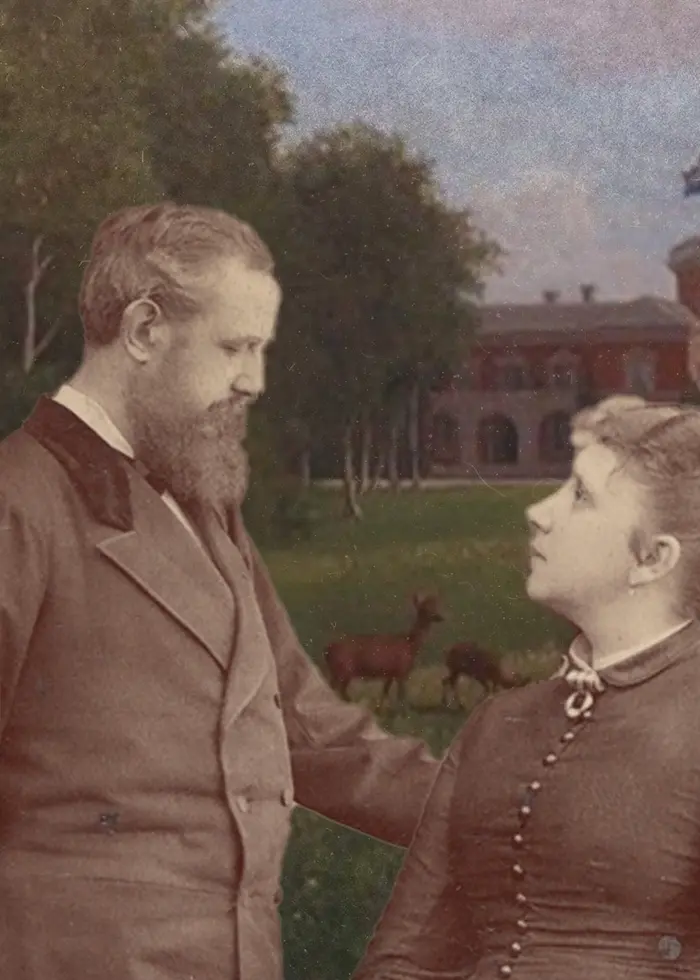 Carl Snoilsky Ebba Piper, i bakgrunden Lyckås slott tecknat.