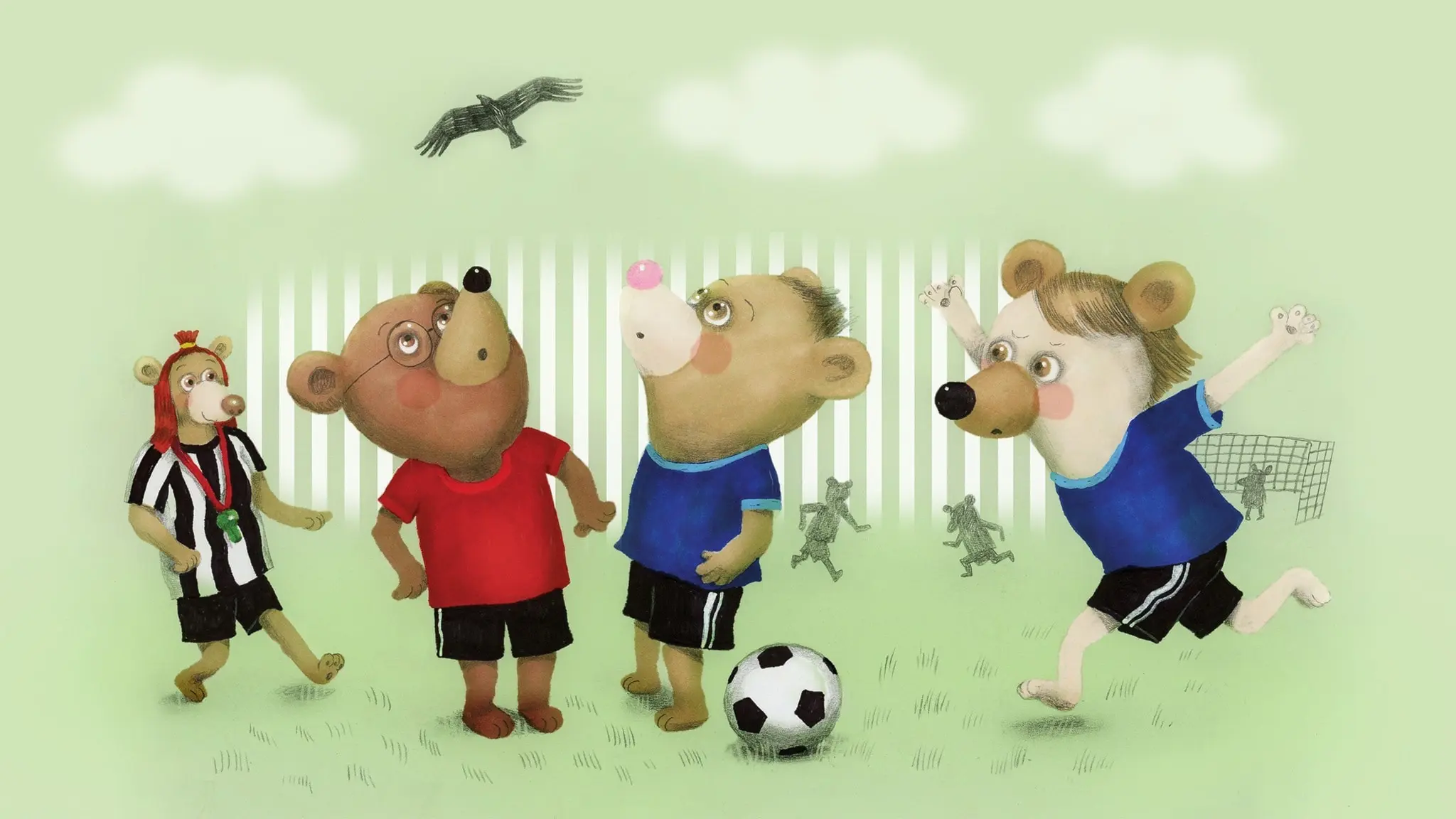 Nalle och Bästis spelar fotbollsmatch, de har fotbollströjor på sig. Plötsligt ser de en stor fågel på himlen. Domaren kommer också för att titta på fågeln. Illustration: Lotta Geffenblad