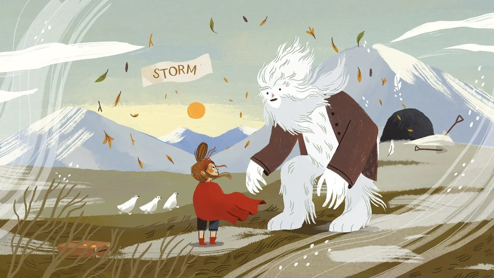 Vilma och resväskan har landat i fjällvärlden långt upp i norra Sverige. Runtomkring dem syns flera höga fjäll. Framför en grotta i ett berg står en stor figur med vit päls. Det är den samiska Vindmannen med sina spadar. Vilma har sin röda mantel på sig, och flygarglasögon. Hon pratar med Vindmannen. På marken syns tre vita fjällripor. Illustration: Cecilia Heikkilä