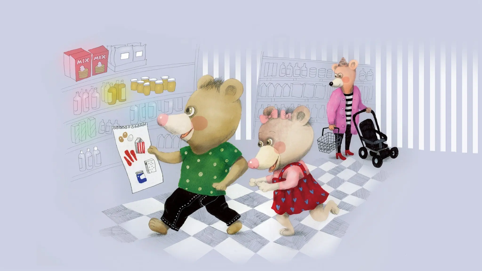 Nalle, mamma och lillasyster är i mataffären. Nalle har en inköpslista i handen, och nu ska de leta upp allt på listan. Illustration: Lotta Geffenblad