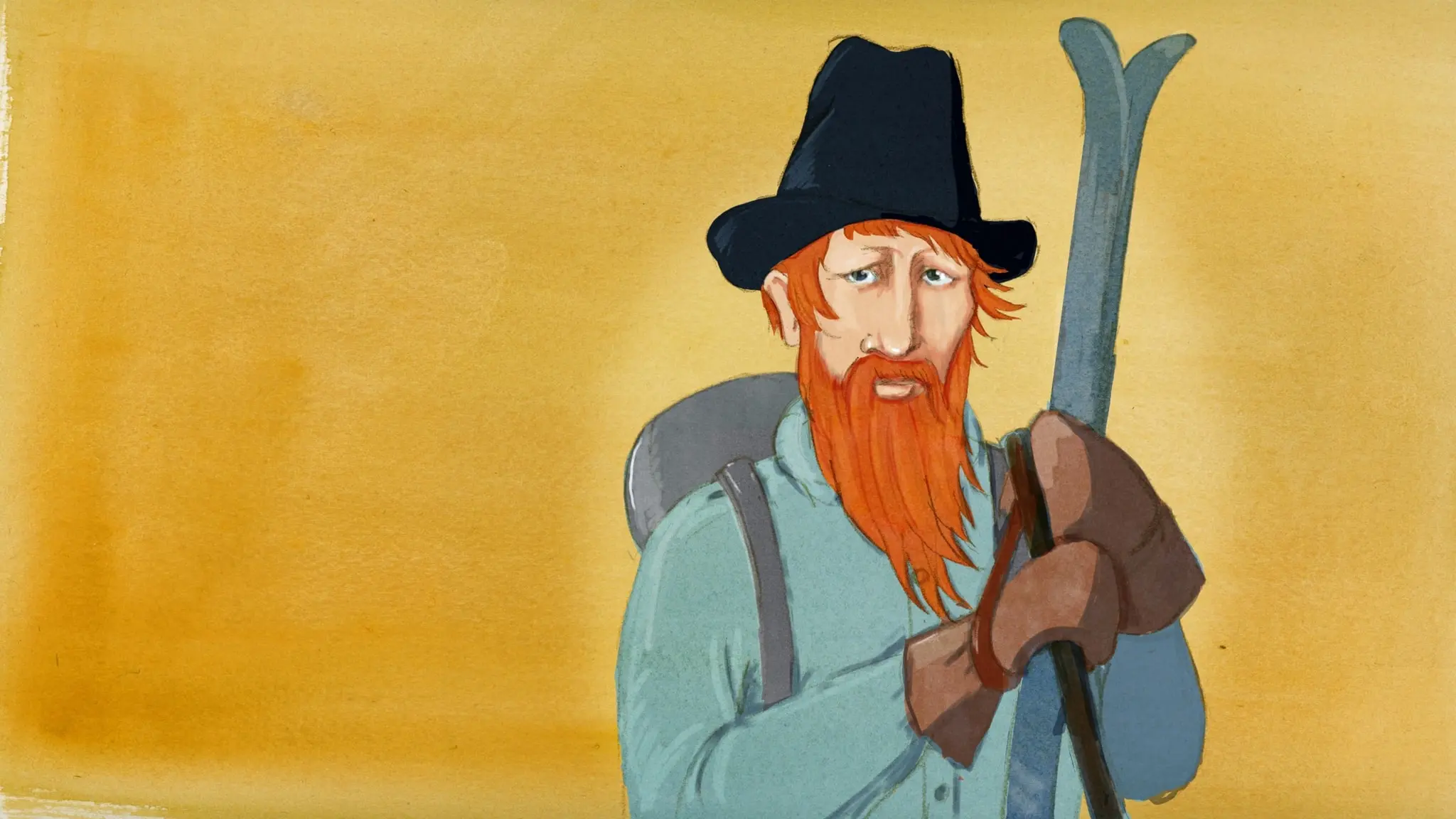 Teckning av Gustav Vasa som står mot gul bakgrund. Han bär en svart bredbrättad hatt, långt rött skägg, ljusblå skjorta. Med bruna handskar håller han skidor över axeln och har en grå ryggsäck på ryggen. Program: Historierummet