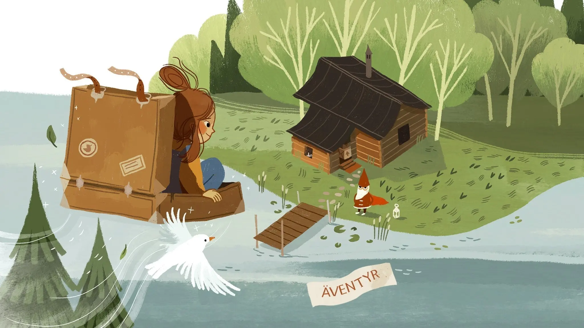 Vilma och resväskan flyger högt uppe i luften över en sjö. Nere på marken ser dom ett litet trähus, det är en bastu. Utanför bastun står en liten tomte i bruna kläder, och en röd fladdrande mantel. Illustration: Cecilia Heikkilä