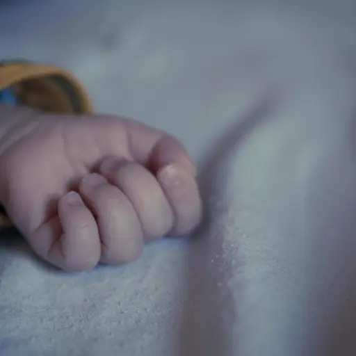 Ett spädbarns hand vilar på ett ljust tyg. Handen är knuten och klädd i en gul tröja med gröna detaljer. Bilden har ett mjukt ljus och tonar in i en mörkare bakgrund.