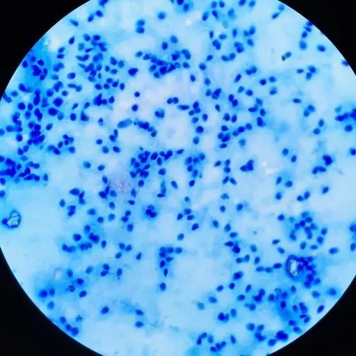 Mikroskopbild som visar färgade spermier i blått på en vit bakgrund, tagna i ett laboratorium för forskning om embryon skapade från hudceller.