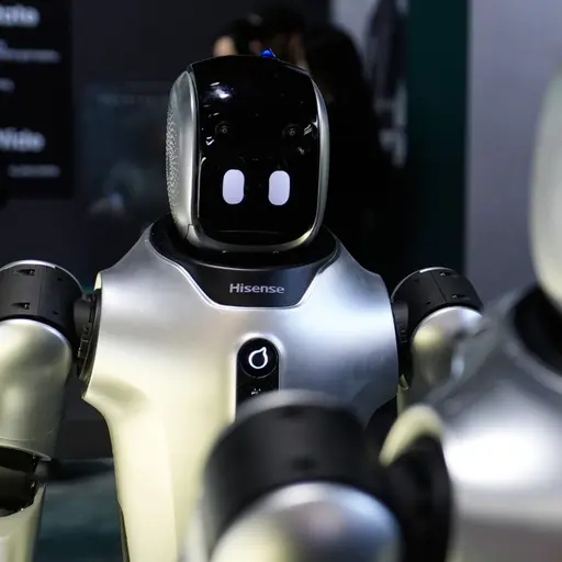Humanoida service-robotar från Hisense visas upp på ett teknikmässa i Las Vegas i januari 2026. Robotarna har en futuristisk design med silverfärgade kroppar och svarta huvuden, omgivna av besökare.
