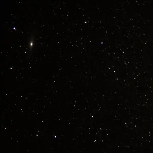 Mörk natthimmel med stjärnor utspridda och Andromedagalaxen synlig som en ljusare fläck i mitten av bilden. En gul streckad linje löper horisontellt genom bilden.