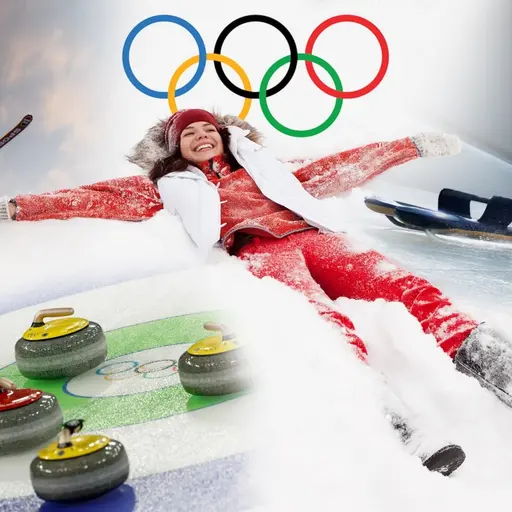 En kvinna ligger och skrattar i snön. Runt henne är inklippta bilder av olika idrottsgrenar: En skidhoppare, en skeletonåkare och ett bo med curlingstenar.