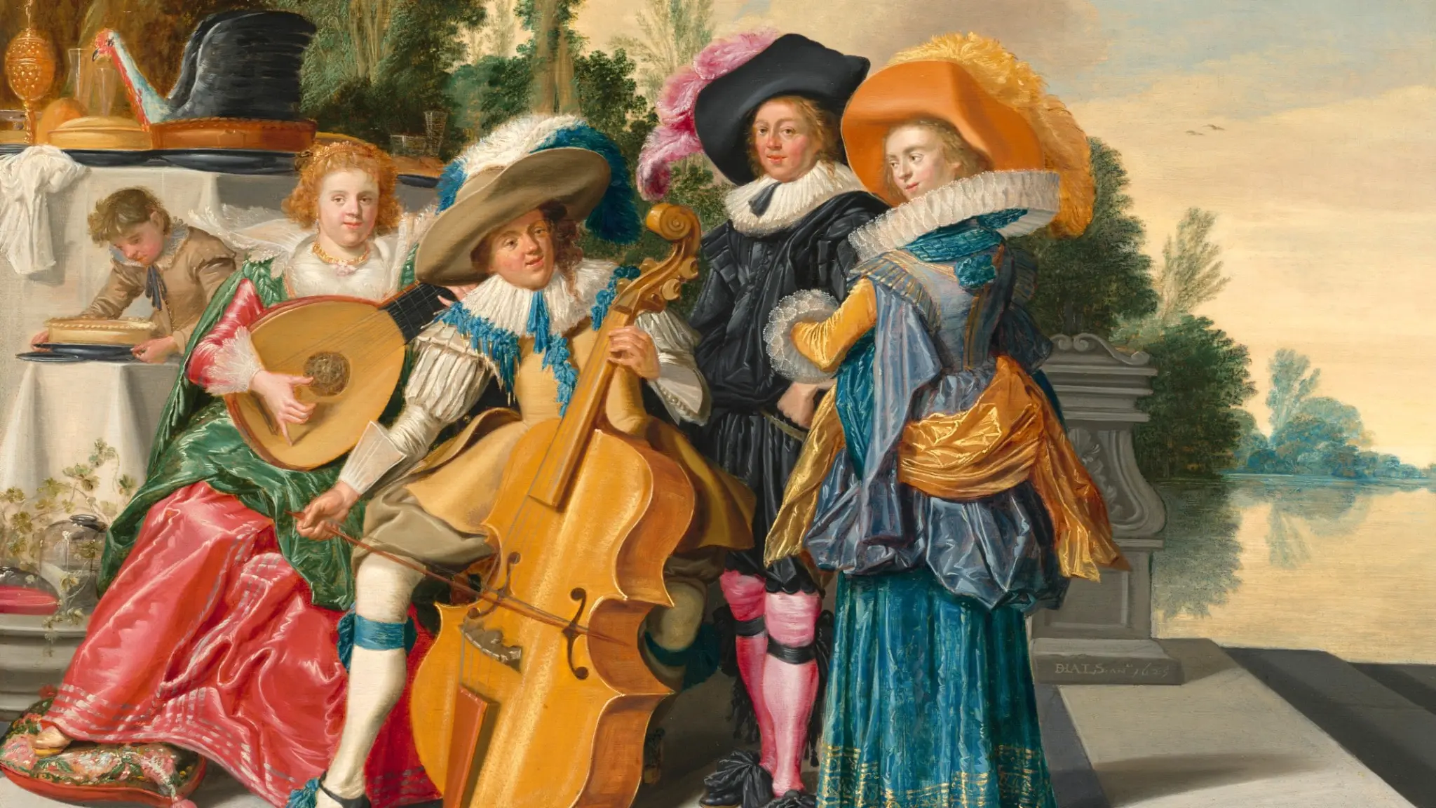 En målning av ett musicerande gäng på en terrass.