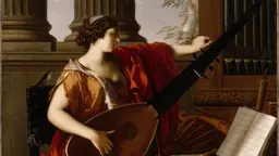Allegory of Music av fransmannen Laurent de La Hyre (1649). Kvinna vid partitur med luta.