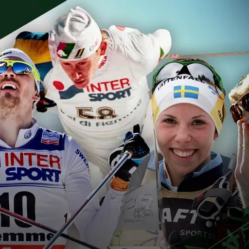 Ett montage av bilder på längdskidåkarna Gunde Svan, Johan Olsson, Charlotte Kalla och Jörgen Brink.