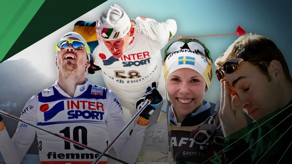 Ett montage av bilder på längdskidåkarna Gunde Svan, Johan Olsson, Charlotte Kalla och Jörgen Brink.