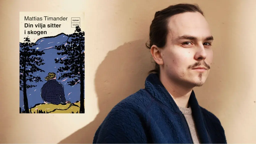 Porträtt: Mattias Timander. Bokomslag med texten "Din vilja sitter i skogen".