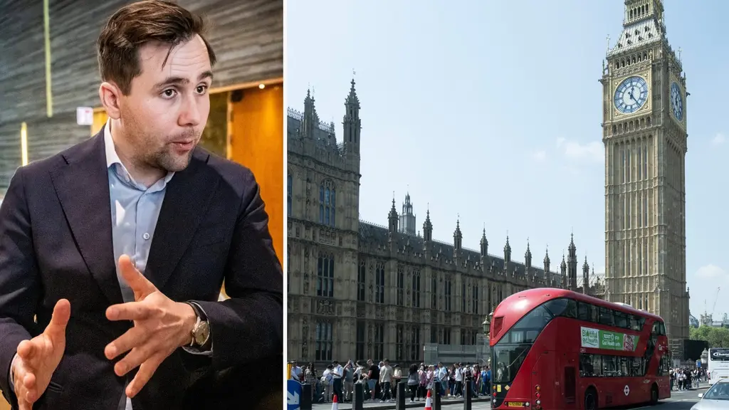 Kollage: Benjamin Dousa person i kavaj gestikulerar bredvid bild på Big Ben, Westminsterpalatset och en röd dubbeldäckare i stadstrafiken.