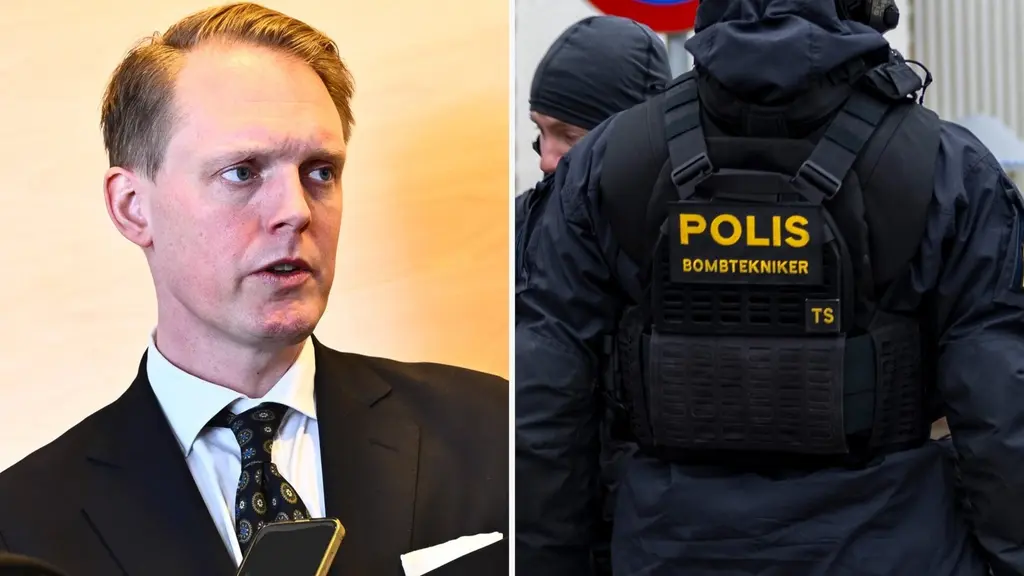 Tvådelad bild: till vänster en medelålders man som är åklagare, till höger ryggen på en polis som är bombtekniker.
