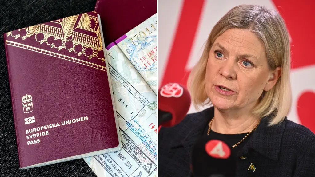 Bildmontage med två delar. Till vänster syns ett svenskt pass och resehandlingar. Till höger en person med ljust hår som talar vid en mikrofon, framför en röd bakgrund med text.