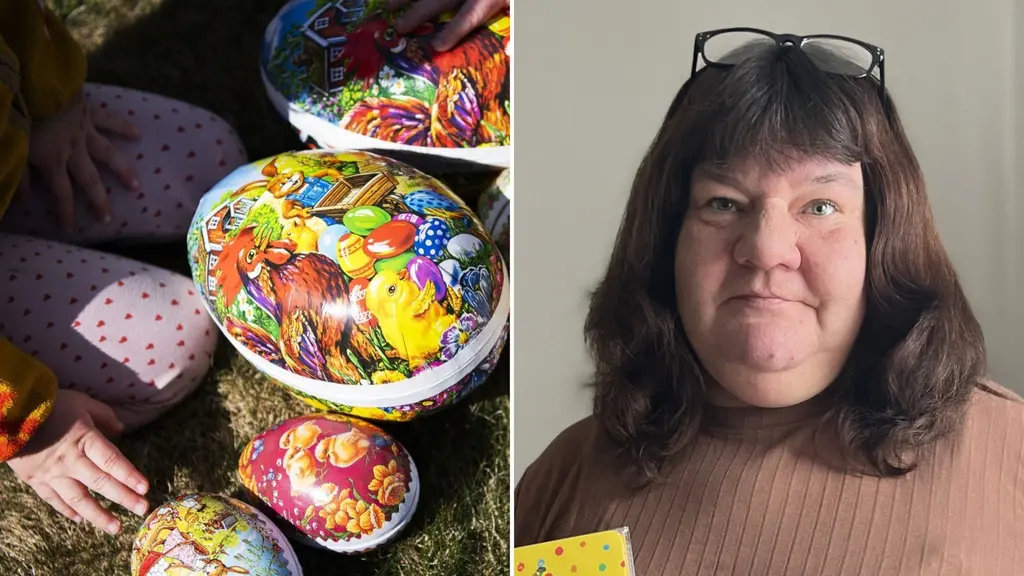 Bildkollage med två delar. Till vänster syns färgglada påskägg placerade på gräs, omgivna av händer och ben i pastellfärgade kläder. Till höger ses en person med glasögon, suddat ansikte och brun tröja.