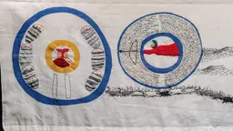 Den vänstra cirkeln är laavvon, kåtan, där sover en familj och eldens gudinna vakar i arran.  Den högra cirkeln är den stora boningen, Sápmi, där varslar jaktgudinnan. Detalj ur Historijá.