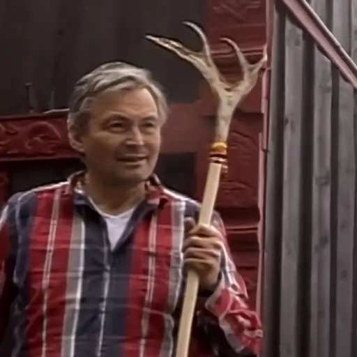 Ailo Gaup håller i stav där översta delen är en del av ett renhorn.