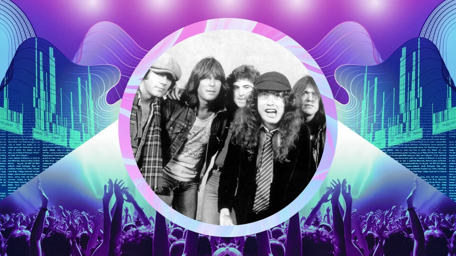 Svartvit bild föreställande killarna i AC/DC som står på rad. 