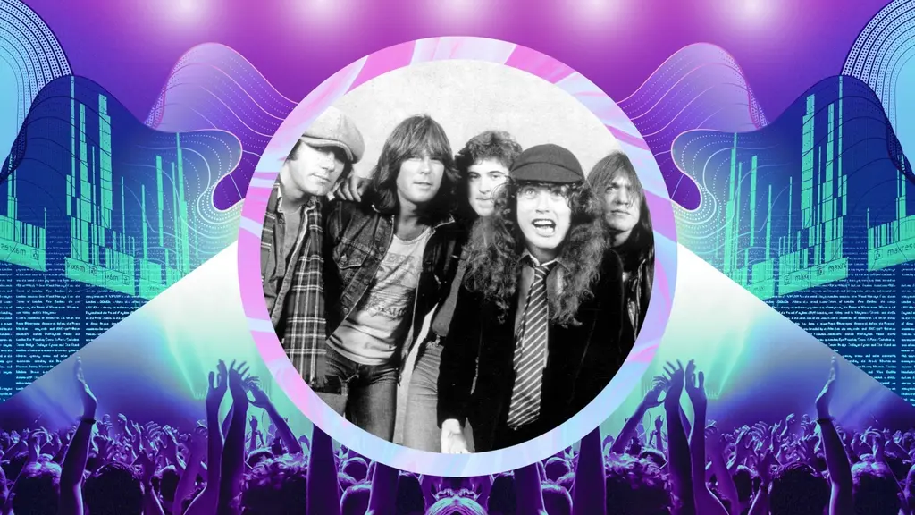 Svartvit bild föreställande killarna i AC/DC som står på rad.