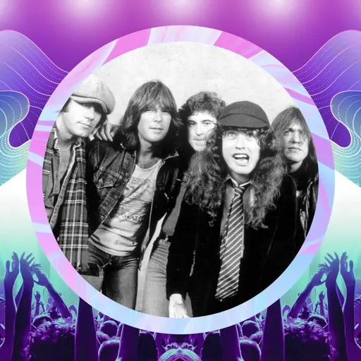 Svartvit bild föreställande killarna i AC/DC som står på rad.