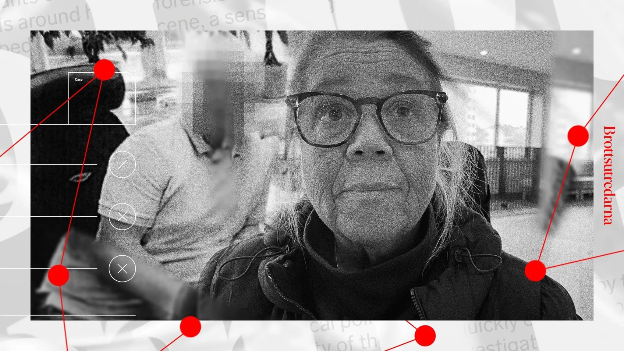 Svartvit bild i Brottsutredarnas grafiska mall. Till vänster en man med pixlat ansikte, han sitter vid en dator vänd mot kameran. Till höger en kvinna i glasögon som tittar rakt in i kameran.