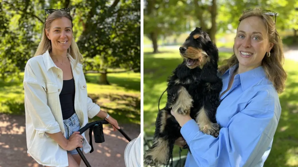 Bild på Elin som rullar en barnvagn framför sig och bild på Anna med hunden Jussi i famnen.
