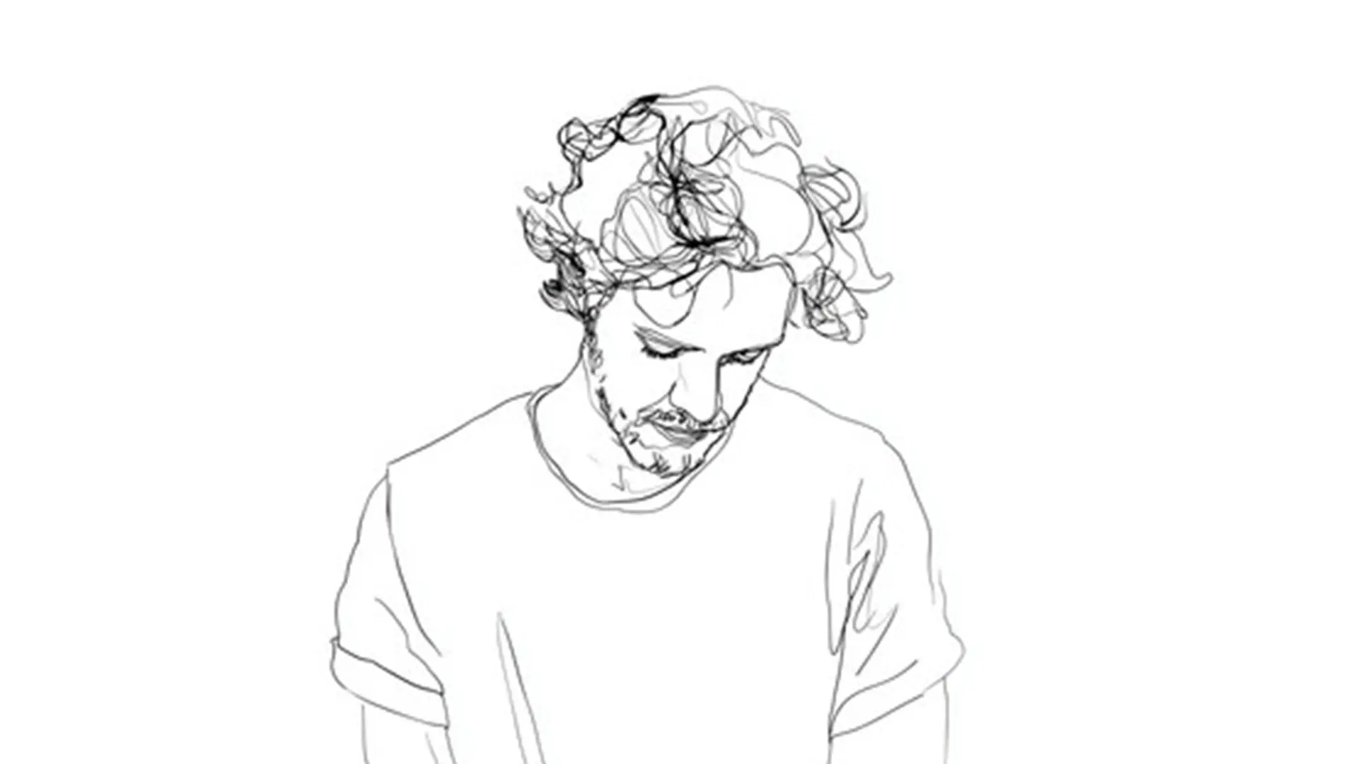 En ritad man med krulligt hår mot en vit bakgrund.