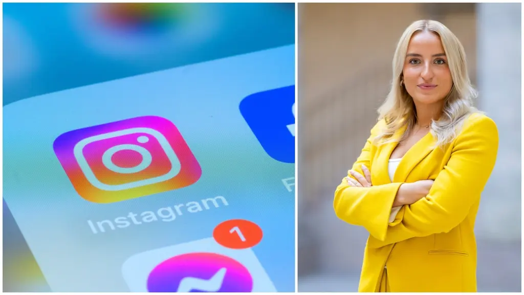 Till höger Instagrams appikon, till höger en kvinna i gul kavaj med armarna i kors.