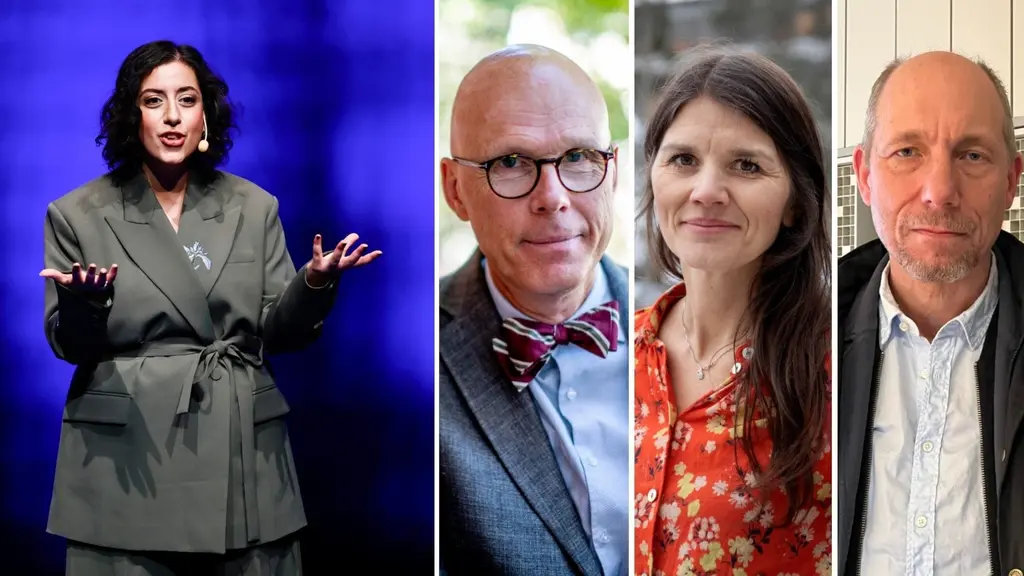 Fyra personer står på separata bilder bredvid varandra. Första personen är klädd i en grå kostym och framträder mot en blå bakgrund. De andra personerna är en skallig man med glasögon i utomhusmiljö, en kvinna med långt brunt hår i utomhusmiljö, och en tunnhårig man i inomhusmiljö.