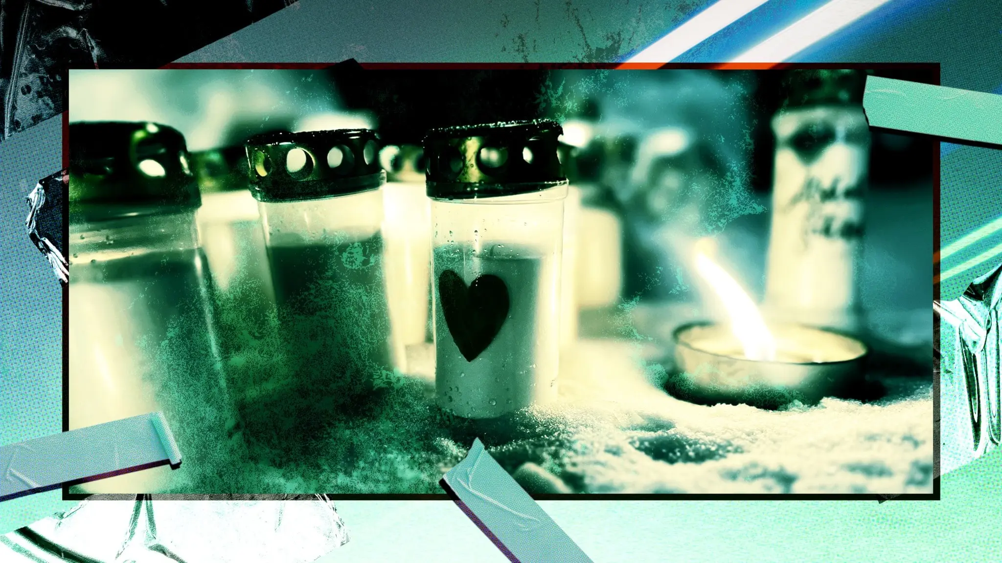 Brinnande ljuslyktor i snö, samt marschall. 