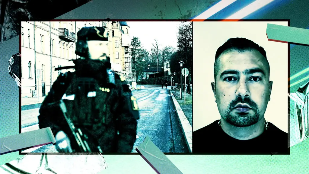 Till vänster i bild, uniformerad, beväpnad polis fotograferad på gata, till höger i bild: ansiktsbild på gängledaren Rawa Majid. 