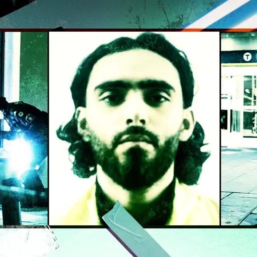 Till vänster i bild, två poliser söker efter spår utomhus, i mitten av bilden - man med svart hår och skägg, till höger i bild - exteriör Farsta tunnelbanestation. 