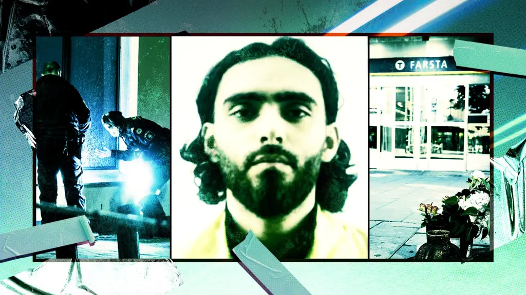 Till vänster i bild, två poliser söker efter spår utomhus, i mitten av bilden - man med svart hår och skägg, till höger i bild - exteriör Farsta tunnelbanestation.