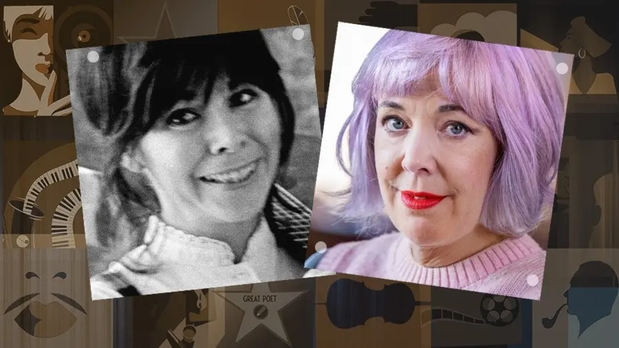 Barbro Hörberg ler på svart-vit bild Marit Bergman allvarlig i färg med lila hår och röda läppar