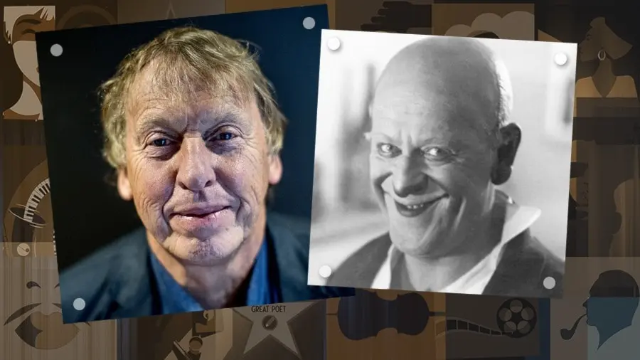 Porträtt av Tomas von Brömssen och clownen Grock framför en brunfond för Kulturlivet.