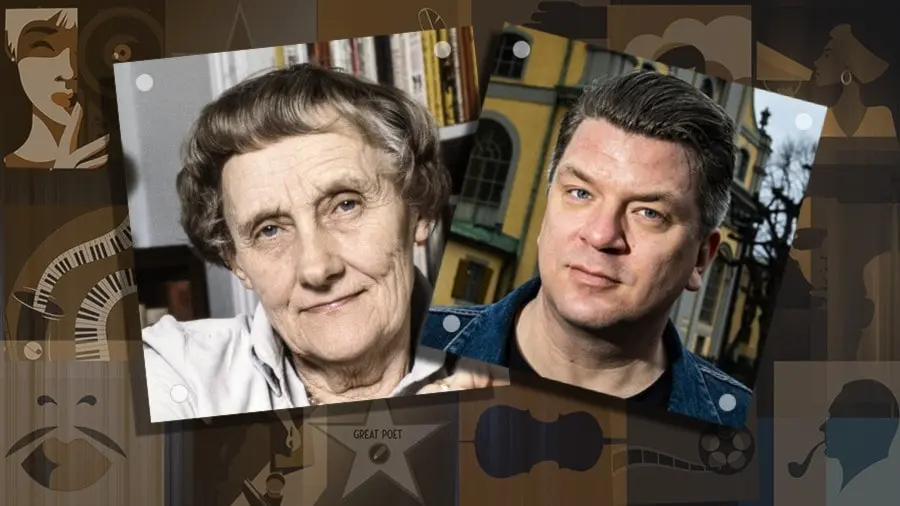 Porträtt av författarna Astrid Lindgren och Mats Strandberg.