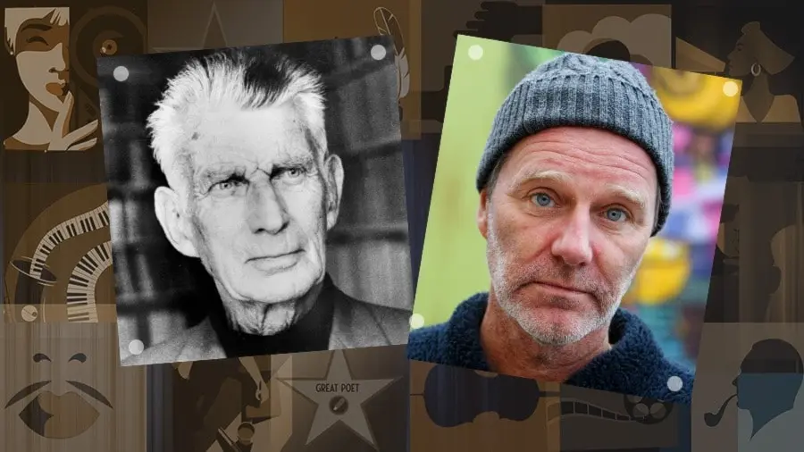 Svartvit bild på Samuel Beckett och färgglad bild på John Ajvide Lindqvist med mössa