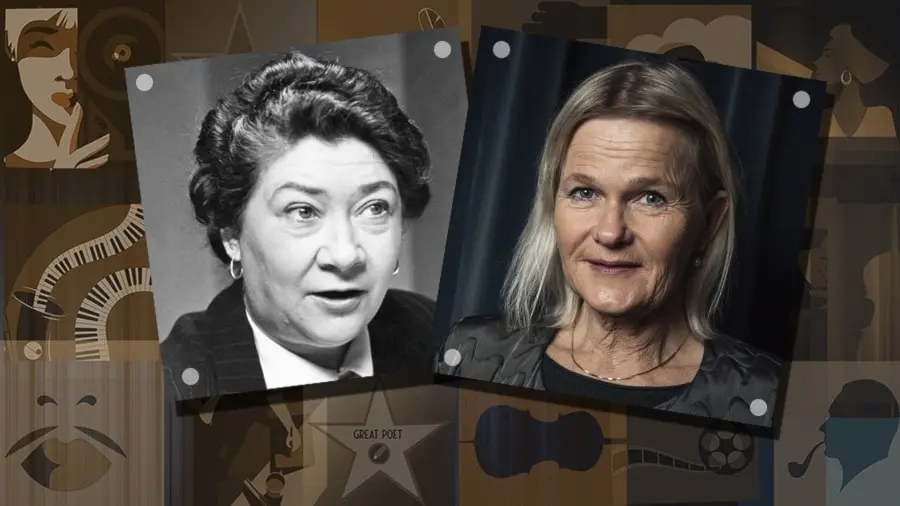 Svartvitt porträtt av Dagmar Ebbesen och färgfoto av Sissela Kyle.